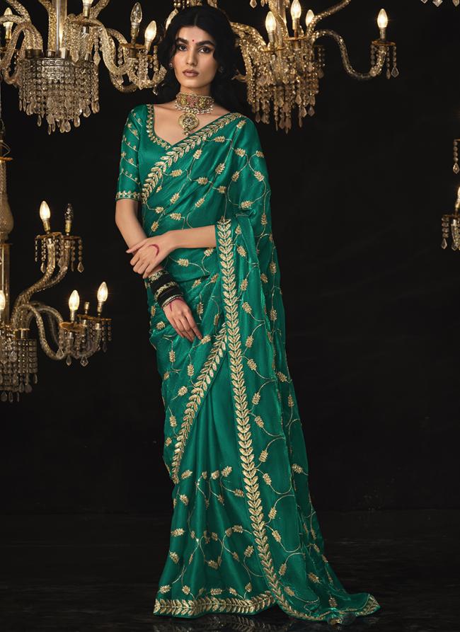 Glass Tissue Teal Green Party Wear Embroidery Work Saree